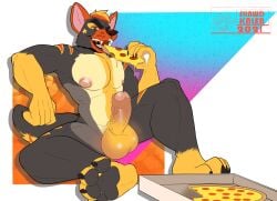 absurd_res anthro balls bodily_fluids canid canine eating erection food foreskin genitals hi_res humanoid_genitalia humanoid_penis looking_at_viewer male mammal open_mouth open_smile pawpads penis pizza saliva shawd sitting smile solo