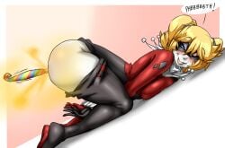 1girls ass ass ass_up batman_(series) big_ass big_butt blonde_hair blue_eyes blush dc dc_comics face_down_ass_up fart fart_cloud fart_fetish farting harley_quinn lazei mask masked_female one_eye_closed pants_down side_view smile solo_female text_bubble tongue tongue_out twintails white_skin