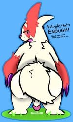 2024 3:5 anthro ass balls big_butt black_eyes blue_background blush blush_lines bodily_fluids butt_grab claws digital_media_(artwork) embarrassed english_text exclamation_point fur generation_3_pokemon genital_fluids genitals grass half-closed_eyes hand_on_butt hand_on_own_butt hi_res looking_at_viewer looking_back male mismatched_ears narrowed_eyes nintendo on_grass penis pink_nose pink_sclera plant pokemon pokemon_(species) precum purple_claws rear_view red_body red_ears red_fur rydryd sharp_teeth simple_background solo standing tail tail_down teeth text thick_thighs tongue white_body white_ears white_fur white_tail zangoose