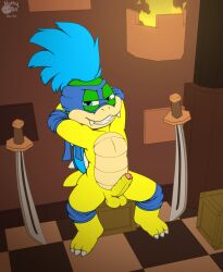 balls blue_hair boxer_briefs bulge clothed clothing erection foreskin genitals hair hi_res humanoid_genitalia katana koopa koopaling larry_koopa lesg looking_at_viewer male mammal mario_bros mask melee_weapon nintendo nutty_bo penis presenting scalie smile spikes spreading sword underwear weapon