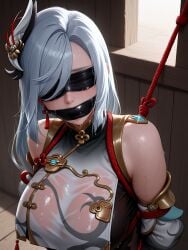 1boy 1girls ai_generated breasts genshin_impact raped see-through shenhe_(genshin_impact) tied_up wet