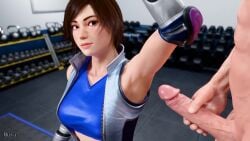 1boy 1girls 3d 3d_animation animated arm_up armpits asian_female brown_eyes brown_hair cum cum_on_body cumshot ejaculation japanese_female kazama_asuka masturbation mura_tpg tagme tekken tekken_8 video video_games