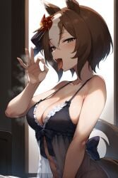 ai_generated animal_ears before_oral black_nightgown blush breasts brown_eyes brown_hair fellatio_gesture heavy_breathing horse_girl horse_tail multicolored_hair nightgown open_mouth pinwheel_hair_ornament short_hair steaming_body tail tongue_out umamusume umamusume_pretty_derby yaeno_muteki_(umamusume)