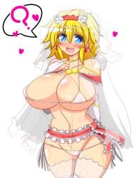 1girl alice_margatroid blonde_hair breasts bridal_gauntlets hearts hearts_around_body huge_breasts light_skin micro_bikini question_mark rindou_(p41neko) solo tagme touhou wedding_lingerie wedding_veil