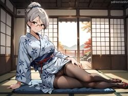 1girls ai_generated anilvl architecture arm_support ayase_seiko bangs black_pantyhose blue_kimono blue_scrunchie blush breasts brown_eyes brown_pantyhose closed_mouth collarbone crotch_seam cushion dandadan east_asian_architecture feet floral_print full_body glasses grey_hair hair_bun hair_ornament hair_scrunchie hand_on_own_thigh indoors japanese_clothes kimono large_breasts leaning_to_the_side legs long_sleeves looking_at_viewer lying obi on_floor on_side over-rim_eyewear panties panties_under_pantyhose pantyhose pillow print_kimono red-framed_eyewear sandals sash scrunchie semi-rimless_eyewear shouji single_hair_bun sitting sliding_doors smile solo tabi tatami thighband_pantyhose thighs tree underwear white_kimono wide_sleeves yokozuwari yukata zouri