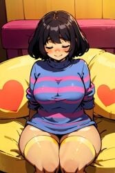 big_breasts big_butt big_thighs blush blushed brown_hair closed_eyes female female_focus female_only frisk frisk_(undertale) sitting smiling smiling_at_viewer white_skin without_panties without_pants