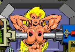 abs biceps blonde_hair blue_eyes breasts completely_nude female flexing large_areolae machine muscular_arms muscular_female smile strength superheroine