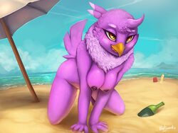 2016 all_fours amber_eyes anthro areola avian beach beach_umbrella beak bedroom_eyes bird bottle breasts bucket detailed_background drunk feathers female half-closed_eyes intoxicated kneeling licking licking_lips melissa_morgan mountain nipples non-mammal_breasts nude outside penis photonoko purple_feathers purple_nipples sand sand_sculpture seaside seductive solo super_planet_dolan sweat tongue tongue_out umbrella water