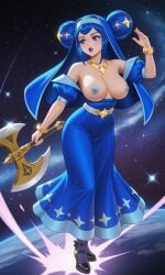 1girls ai ai_art ai_generated armlets axe blue_dress blue_eyebrows blue_eyes blue_hair blue_nipples breasts cosplay costume crossover crossover_cosplay dress female female_focus female_only glitch_productions golden_armlets hairbuns halloween halloween_costume high_heels holding_axe knights_of_guinevere nemesis_(saga) nipples open_mouth princess_guinevere_(cosplay) purple_lips purple_lipstick quinzo11 saga saga_(series) self_upload space square_enix