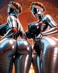 2girls 3d ai_generated atomic_heart bubble_butt from_below huge_ass huge_breasts juicy_butt robot_girl the_twins_(atomic_heart)