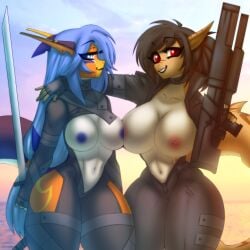 1:1 akali anthro big_breasts bodysuit breast_size_difference breasts chococosalo choker clothed clothing duo female fish glytch_koore gun hi_res jewelry looking_at_viewer marine necklace nipples non-mammal_breasts notched_ear open_clothing open_shirt open_topwear ranged_weapon rifle shark shirt skinsuit smile thick_thighs tight_clothing topwear weapon wide_hips