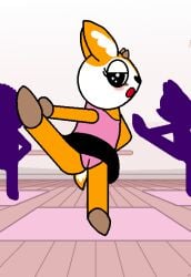 absurd_res aggretsuko anthro bottomwear camel_toe clothed clothing deer female hi_res hrelterskrelter mammal raised_bottomwear raised_clothing raised_skirt sanrio skirt solo stretching tsunoda_(aggretsuko) yoga yoga_mat