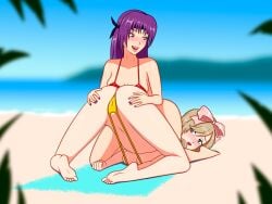 2girls anoneysnufftan applying_sunscreen ayane_(doa) beach beach_towel bikini blurry_background brown_hair dead_or_alive embarrassed face_down_ass_up female female_only hairbow haruka_(senran_kagura) headband humiliation imminent_death killer_lotion massage murder peril punishment purple_hair rubbing sand seaside senran_kagura sinfulline sky snuff summer sunbathing swimsuit towel