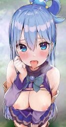 aqua_(konosuba) blue_eyes blue_hair blurry_background blush breasts_out drooling exposed_breasts exposed_shoulders female_focus female_only forest forest_background goddess hand_on_face heart-shaped_pupils kono_subarashii_sekai_ni_shukufuku_wo! large_breasts long_hair looking_at_viewer outdoor_nudity outdoors ponytail public_nudity rouka_(akatyann) skirt sweatdrop tongue_out torn_clothes