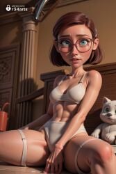 1girls 20th_century_fox 20th_century_studios ai_generated blue_eyes blue_sky_studios bra breasts brown_hair cleavage cup freckles glasses hair_ornament hairclip hi_res indoors linda_gunderson lips looking_at_viewer navel nose panties r34arts rio_(series) round_eyewear short_hair sitting small_breasts solo spread_legs thigh_strap underwear underwear_only white_bra white_panties