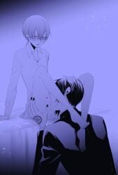 barefoot black_hair black_suit blush butler ciel_phantomhive earrings embarrassed feet fellatio grey_hair kuroshitsuji legs medium_hair oral pajamas sebastian_michaelis short_hair square_enix sucking_penis suit yaoi