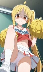 ahoge ai_generated angry bocchi_the_rock! cheerleader cheerleader_uniform disgusted ijichi_nijika leg_up panties pantyshot