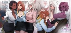 1futa 2d 2d_(artwork) 2girls areolae breasts english_text fellatio female futanari holymeh horn horns large_breasts nipples office_clothing pencil_skirt pointy_ears simple_background skirt text trio trio_focus