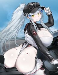 1girls back baseball_cap blue_hair blunt_bangs breasts commission eress frills from_behind girls'_frontline girls'_frontline_2:_exilium green_eyes hair_ornament headwear hi_res hk416_(girls'_frontline) huge_breasts large_ass long_hair looking_at_viewer looking_back motorcycle official_alternate_costume ponytail race_queen shrug_(clothing) smile solo solo_female sticker sticker_on_face thick_thighs thighs turtleneck vehicle white_gloves white_leotard