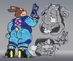 belly embarrassed fondling fondling_balls ghost_hands grabbing_balls male_only peppy_hare poking_belly rabbit ripped_clothing ripped_pants skintight_bodysuit skintight_clothing squishing_belly star_fox streif_ad unseen_character zero_suit