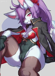 2017 abstract_background anthro bandage blush breasts cameltoe cleavage clothed clothing female fur hair jacket kemono ksyaro legwear long_hair looking_at_viewer navel sitting smile solo suurin_(ksyaro) teeth thick_thighs thigh_highs tight_clothing wide_hips