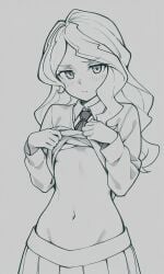 ai_generated blush diana_cavendish lifted_by_self lifting_shirt little_witch_academia monochrome