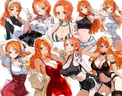 2025 alternate_costume apron arms_up back_bow bangle bare_shoulders bead_necklace beads belt belt_buckle bikini black_choker black_dress black_panties black_shorts black_sports_bra black_thighhighs blue_bow blue_ribbon blush bow bracelet braid breasts brown_eyes buckle choker cleavage coat collared_shirt commentary cowboy_shot crop_top cup denim dirndl dolphin_shorts dress earrings english_commentary female frayed_shorts frilled_shirt frills garter_straps german_clothes grin hair_ribbon halterneck headphones high_ponytail highres holding holding_cup jewelry kasumi6 kasumi_6 large_breasts leotard lingerie log_pose long_hair looking_at_viewer low_twin_braids low_twintails maid maid_apron maid_headdress midriff multiple_views nami_(one_piece) nami_(one_piece)_(egghead) nami_(one_piece)_(whole_cake_island) navel necklace official_alternate_costume one_eye_closed one_piece one_piece:_strong_world orange_hair panties pearl_earrings pink_bow ponytail red_dress red_skirt ribbon shirt short_hair short_shorts shorts shoulder_tattoo single_sidelock skirt smile sports_bra stomach swimsuit tattoo thighhighs tongue tongue_out twin_braids twintails underwear upper_body v wavy_hair white_apron white_coat white_leotard white_shirt