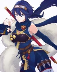 1girls absurd_res blue_eyes blue_gloves blue_hair blue_scarf brand_of_the_exalt closed_mouth commentary detached_sleeves english_commentary eyelashes fingerless_gloves fire_emblem fire_emblem_awakening fire_emblem_heroes forehead_protector gloves hair_between_eyes high_res japanese_clothes kitsune_mask kuji-in kunai long_hair looking_at_viewer lucina_(fire_emblem) lucina_(ninja)_(fire_emblem) mask mask_on_shoulder mouth_mask ninja ninja_mask nintendo official_alternate_costume ponytail scarf single_bare_shoulder symbol_in_eye truejekart very_long_hair weapon white_background