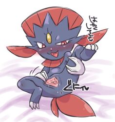 anus blush female feral hi_res japanese_text kiriya nintendo open_mouth pokemon pussy pussy_juice red_eyes simple_background solo spreading text video_games weavile