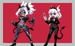 2demons 2girls demon demon_girl demon_girls demon_horns demon_tail demons fully_clothed helltaker judgement_(helltaker) lucifer_(helltaker) sakuemon tagme thick_thighs