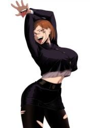 artist_request big_breasts brown_hair full_body fully_clothed jujutsu_kaisen kugisaki_nobara red_eyes ripped_pants ryoumen_sukuna_(jujutsu_kaisen) simple_background tongue_out