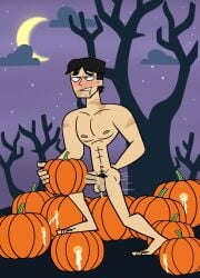 1boy abs black_hair blush completely_nude completely_nude_male cum disventure_camp gay halloween male_only muscles muscular pumpkin saliva scar scar_on_face thomas_reed tom_(disventure_camp) toony yaoi