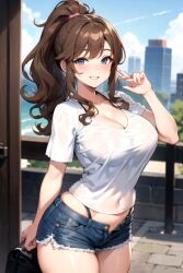 ai_generated blue_eyes blush booty_shorts cleavage curvaceous curvy curvy_female curvy_figure original original_character ponytail thick_thighs