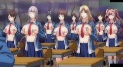 9girls big_breasts brainwashing breasts breasts_out breasts_out_of_clothes closed_mouth clothed_female fukunaga_koharu gigantic_breasts huge_breasts hypnosis kamiizumi_rio kisshouji_arisa kuga_yuriko kyonyuu_reijou_mc_gakuen large_breasts mind_control necktie nipples open_eyes school_uniform schoolgirl stitched