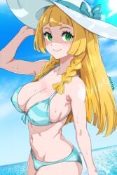 absurdres alternate_breast_size bikini blonde_hair braid breasts cleavage closed_mouth cloud commentary_request covered_erect_nipples creatures_(company) day eyelashes female game_freak green_bikini green_eyes hand_on_headwear hand_up hat highres large_breasts lillie_(pokemon) long_hair luene navel nintendo outdoors pokemon pokemon_sm sky smile solo sun_hat sweat swimsuit twin_braids white_hat