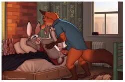 2017 anthro balls bedding blanket bottomless canine clock clothed clothed_sex clothing cum cum_in_pussy cum_inside disney doll duo female fox interspecies judy_hopps lagomorph licking licking_lips lying male male_penetrating mammal meesh nick_wilde on_back penetration penis pillow predator/prey pussy rabbit sex shirt standing straight table_lotus_position tongue tongue_out vaginal_penetration window zootopia