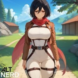 1girls ai_generated attack_on_titan before_sex belt black_hair breasts curvy eren_jaeger mikasa_ackerman patreon_url patreon_username pov scarf short_hair uniform