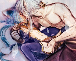 1boy animal_ears arumat_p._thanatos blue_hair blush breasts cat_ears cat_tail closed_eyes clothing collar doraeshi female fingering flat_chest heart kissing long_hair lying meracle_chamlotte navel on_back open_mouth pale_skin panties pointy_ears pussy saliva scar sex silver_hair size_difference small_breasts speech_bubble star_ocean star_ocean_the_last_hope stockings straight tail translation_request