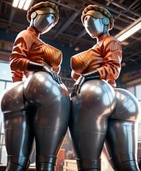 2girls 3d ai_generated atomic_heart bubble_butt from_below huge_ass huge_breasts juicy_butt robot_girl seductive the_twins_(atomic_heart)