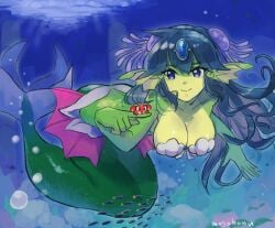 1girls 2018 ambient_fish ambient_sealife ambiguous_gender arthropod blue_eyes breasts bubble crab crustacean decapod duo female female_humanoid feral fish giga_mermaid hair humanoid long_hair malacostracan marine merfolk mogahonu open_mouth open_smile shantae signature size_difference smile split_form underwater water wayforward