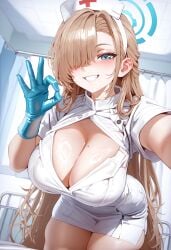 ai_generated asuna_(blue_archive) blue_archive blue_eyes blue_gloves blush cleaning_&_clearing_(blue_archive) cleavage clothing_cutout curtains fellatio_gesture female grin hair_over_one_eye hairband halo hospital hospital_bed indoors infirmary large_breasts latex_gloves leaning_forward light_brown_hair looking_at_viewer millennium_science_school_student mole_on_breast mole_under_eye nurse nurse_cap rubber_gloves selfie short_dress short_sleeves skindentation solo teeth thighs very_long_hair white_dress white_headwear