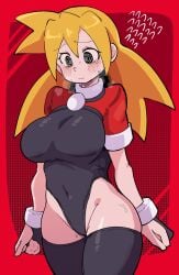 1girls @_@ big_breasts black_clothing black_gloves black_stockings blonde_hair blush buzzlyears long_hair mega_man mega_man_legends red_background red_clothing red_vest roll_caskett vest