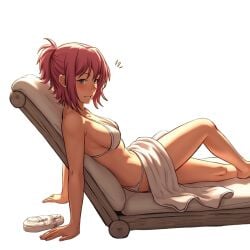 ai_generated bikini ceejss fit_female lounge_chair lounging naruto_(series) pink_hair png sakura_haruno side_view sideboob smiling smiling_at_viewer towel