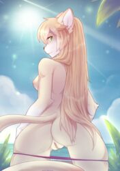 2017 anthro areola ass breasts clothing day feline feline female green_eyes hair hi_res looking_at_viewer looking_back mammal nipples nude outside panties panties_down pink_hair presenting presenting_pussy pussy rebecca_knott sky smile solo suelix underwear