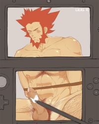 artist_request balls beard blush boner closed_eyes erection facial_hair lysandre_(pokemon) male male_only nintendo nintendo_3ds nude penis pokemon solo solo_male stylus