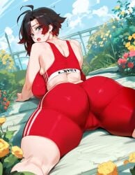 1girls ai_generated ass big_breasts female light-skinned_female light_skin looking_at_viewer lucyla round_ass ruby_rose rwby sports_bra sportswear stretching thick_thighs