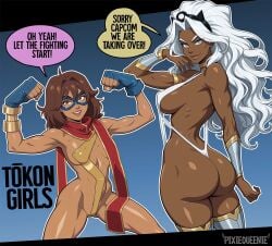 2girls ass brown_hair dark-skinned_female dark_skin dialogue domino_mask female female_only flexing kamala_khan long_hair marvel marvel_tokon:_fighting_souls ms._marvel ms._marvel_(kamala_khan) pixiqueenie sideboob small_breasts storm_(x-men) text thick_thighs white_hair x-men