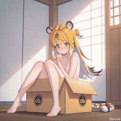 (titancore) ai_generated animal_humanoid ashamed box breasts clothing embarrassed female girl green_eyes indoors inside ju_fufu long_hair monster_girl naked nipples sitting_down sitting_in_box small_breasts tiger_ears tiger_girl tiger_stripes tiger_tail video_game_character zenless_zone_zero