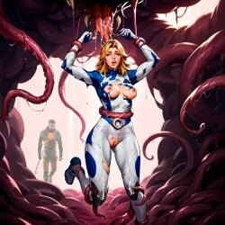 alien barnacle blonde_hair blue_eyes bodysuit breasts female gordon_freeman half-life imminent_rape imminent_vore invisible_woman invisible_woman_(marvel_rivals) marvel marvel_comics medium_breasts monster nipples pussy restrained saliva sue_storm teeth tentacle torn_bodysuit torn_clothes vore