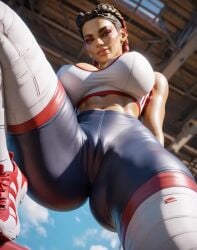 3d ai_generated apex_legends cameltoe from_below huge_breasts leggings legs_apart loba_(apex_legends) looking_at_viewer smile